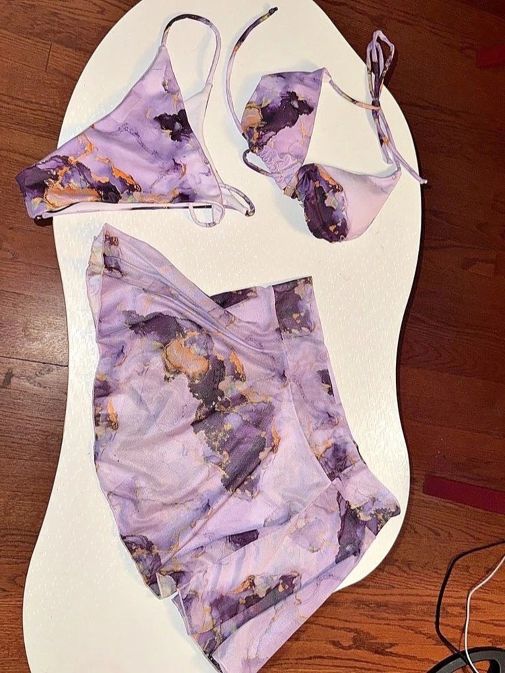 SHEIN Marble Print Halter Triangle Bikini Set With Beach Skirt Purple Large